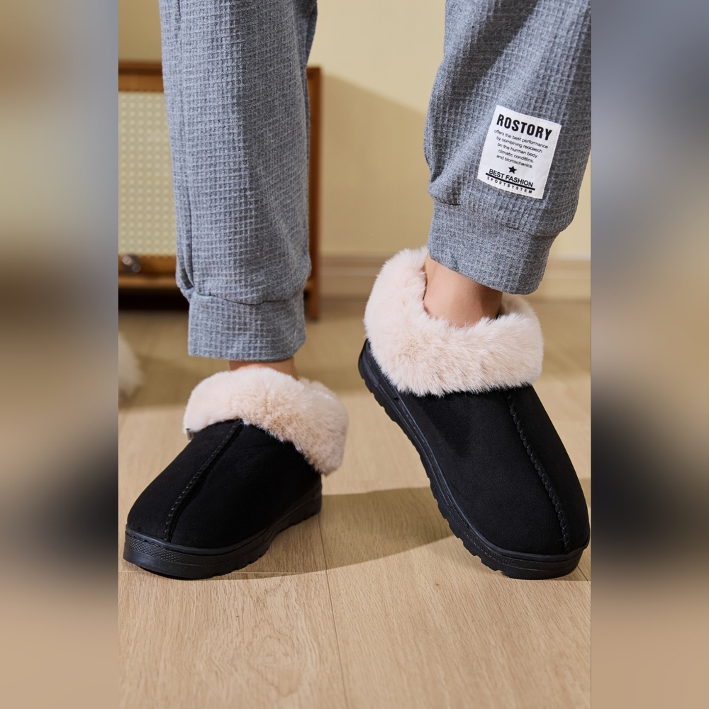 Faux Fur,Suede Round Toe Platform Vegan Leather Slippers